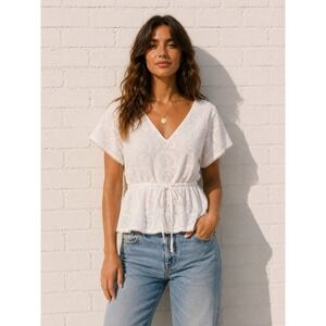 Everly White Eyelet Cotton Peplum Top Coastal Boho Cottagecore M